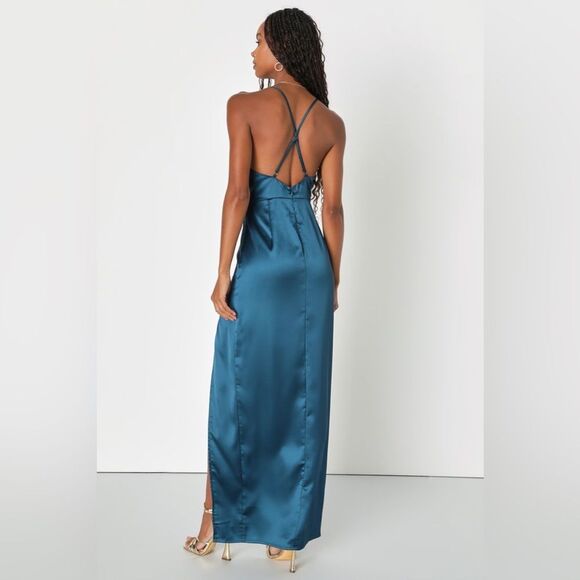 NWT LULUS Divine Entrance Teal Blue Satin Pleated Backless Maxi Dress - Picture 7 of 10